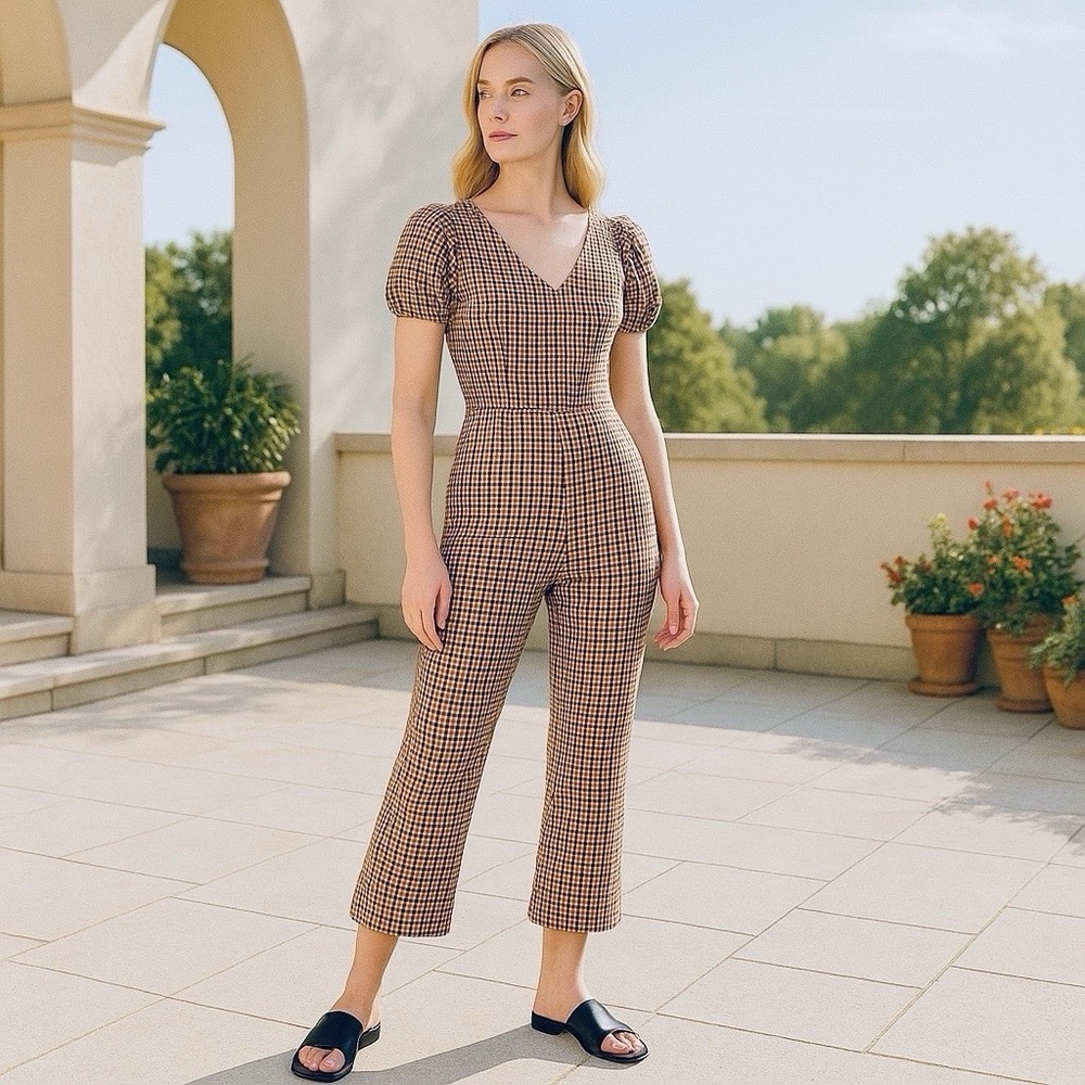 Free People Brown Plaid Puff Sleeve Flare Jumpsuit S Dark Academia